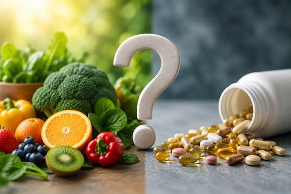 Fresh fruits and vegetables beside a large question mark and a bottle of capsules, highlighting a nutrition question between food and supplements.