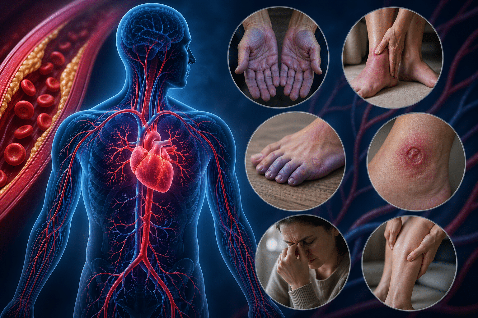 Illustration of the human circulatory system highlighting the heart and blood vessels, with circular insets showing peripheral symptoms: pale/blue-tinted hands, a swollen ankle, a wound on the leg, and discolored toes or foot, plus a person appears distressed or fatigued.