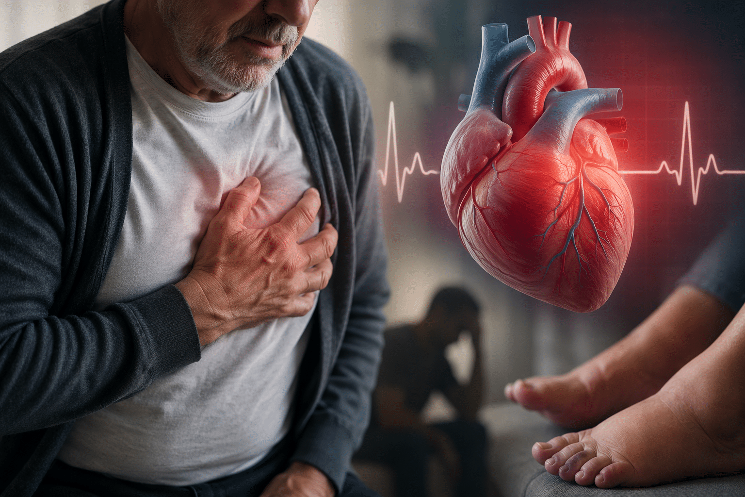 Older man clutching his chest in pain, with a large glowing heart illustration and ECG line in the background.