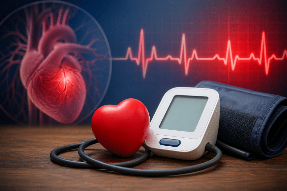 Heart health scene: red heart, stethoscope, and digital blood pressure monitor on a wooden surface with a heartbeat graph in the background.