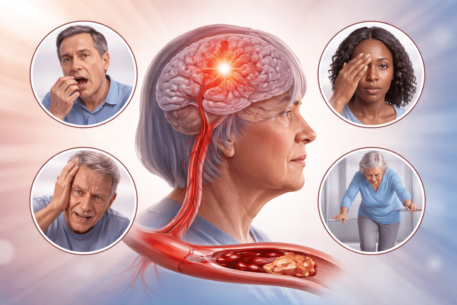 Center diagram of a brain with a highlighted stroke area; four surrounding circles show people with common stroke symptoms (facial weakness, headache, vision trouble, and mobility issues).