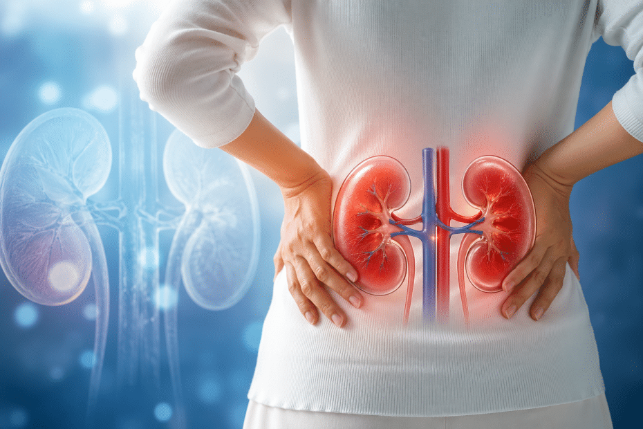 Medical illustration of two red kidneys with blue veins held at the wearer's abdomen, showing urinary tract anatomy against a blue clinical background