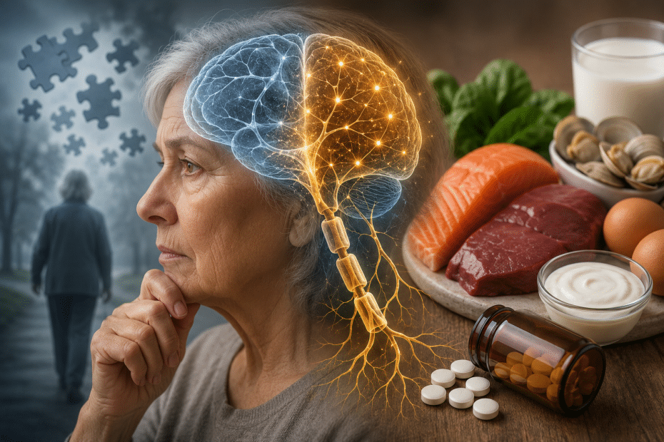 Senior woman with a glowing brain overlay beside a plate of salmon, meat, dairy, eggs, and pills, illustrating brain health and nutrition.