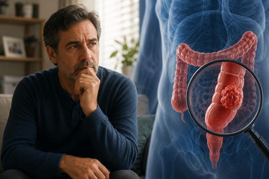 Concerned man sitting on a couch, with a magnified illustration of the colon showing a polyp highlighted beside him.