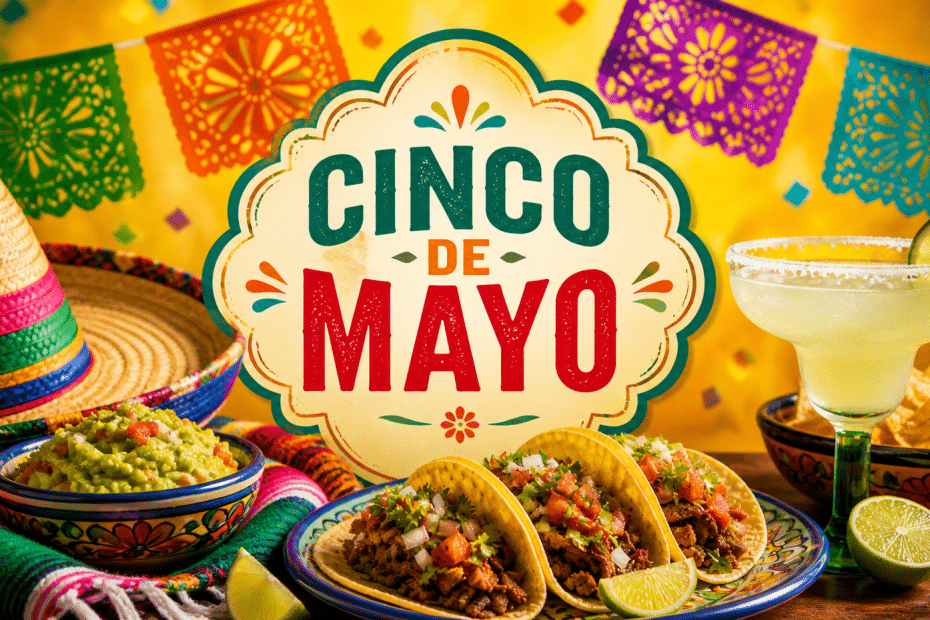 Cinco de Mayo celebration with a colorful sign, tacos, guacamole, margarita, and papel picado banners in a festive scene.