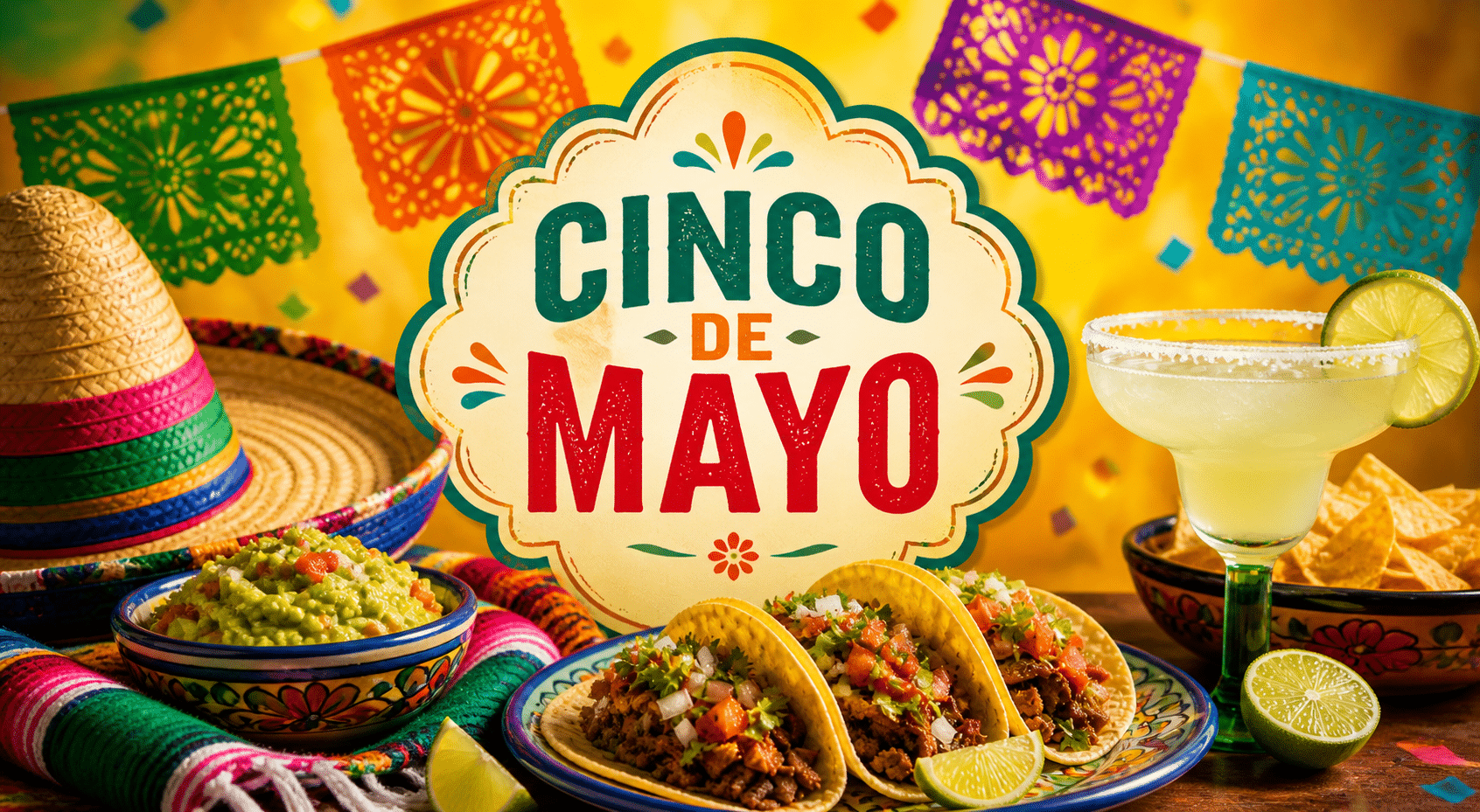 Cinco de Mayo celebration with a colorful sign, tacos, guacamole, margarita, and papel picado banners in a festive scene.