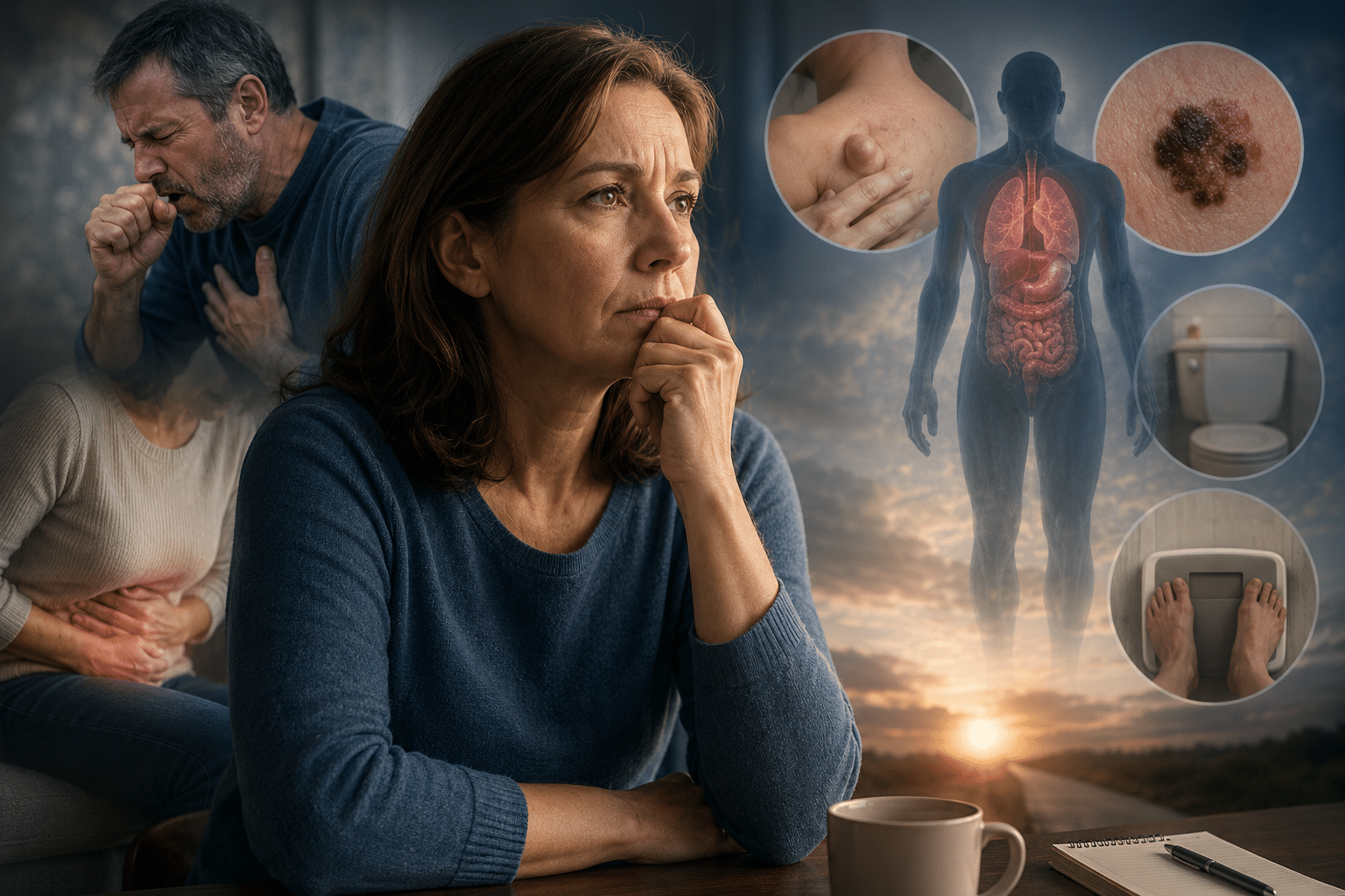 A worried woman sits at a table with her hand on her chin, while a coughing man and circular medical overlays hint at health concerns (lungs, abdomen, toilet).