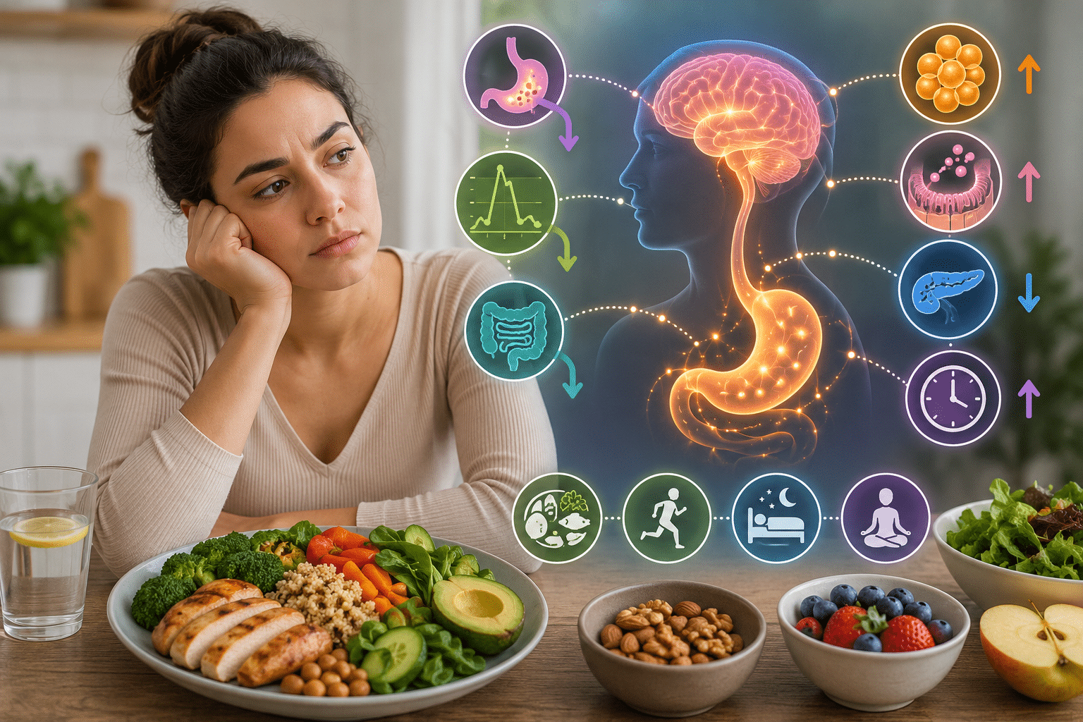 Woman sits at a table with a colorful healthy meal, while a glowing brain–gut diagram with wellness icons overlays the scene.