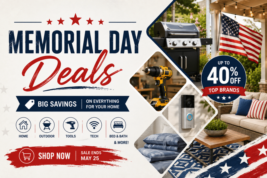 Memorial Day sale banner featuring 'Deals' with up to 40% off, grill, tools, and home decor imagery for savings on home items.