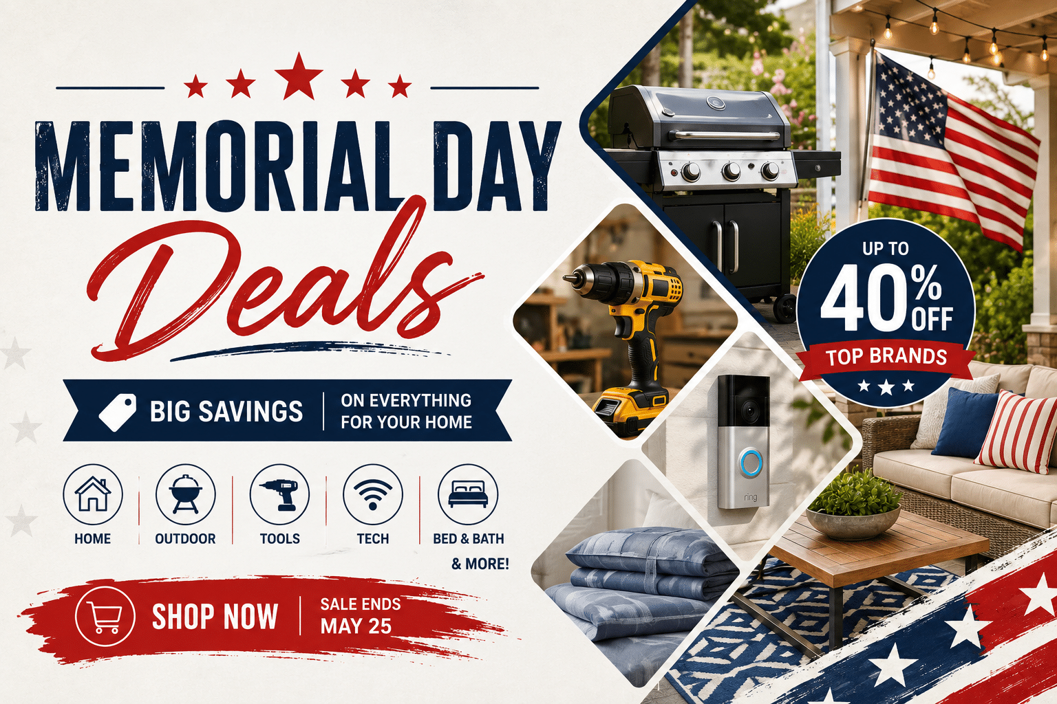 Memorial Day sale banner featuring 'Deals' with up to 40% off, grill, tools, and home decor imagery for savings on home items.