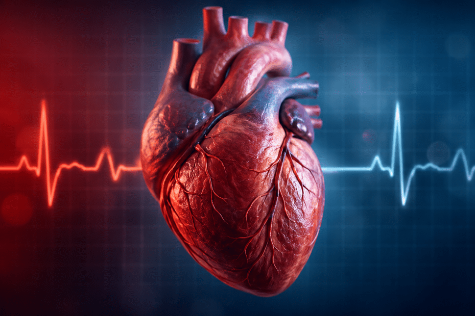 Realistic human heart with red and blue ECG lines in the background, illustrating cardiovascular activity.