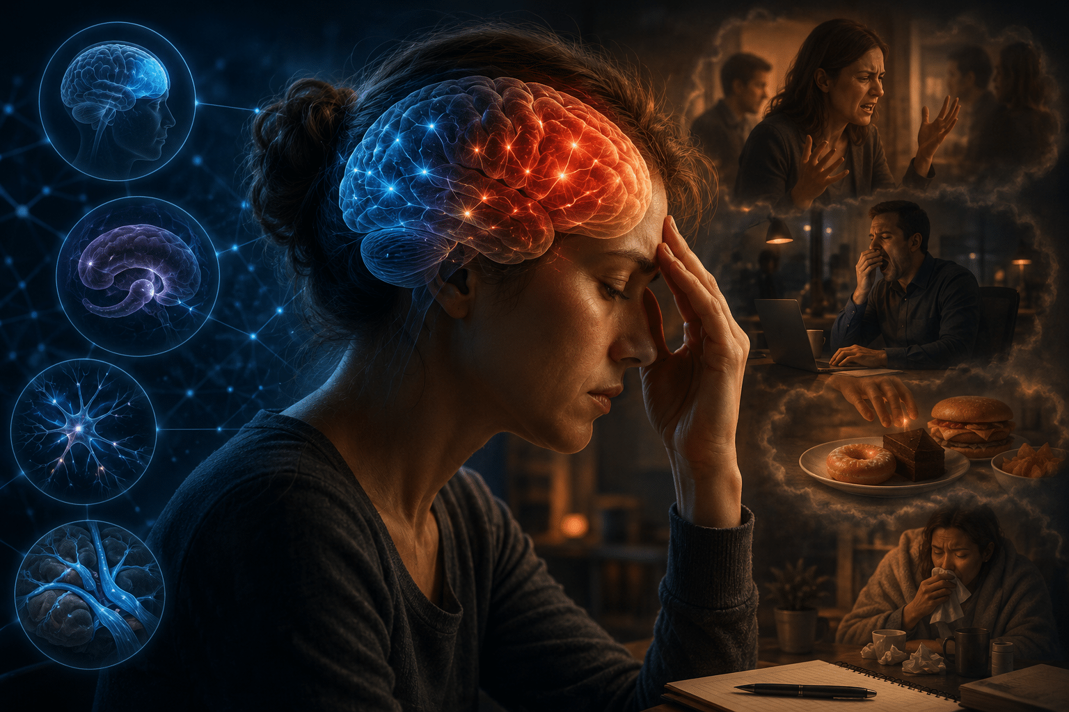 A woman sits with her head in her hands, a glowing brain overlay showing activity, with background scenes of stress, illness, and cravings behind her.