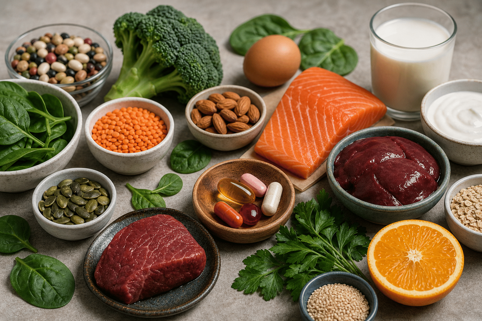 Assorted healthy foods on a countertop: salmon, beef, eggs, dairy, greens, legumes, nuts, seeds, and fruit.