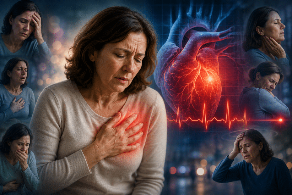 Middle-aged woman clutching her chest in pain with a glowing heart and ECG line in the background, illustrating a heart attack risk or event.