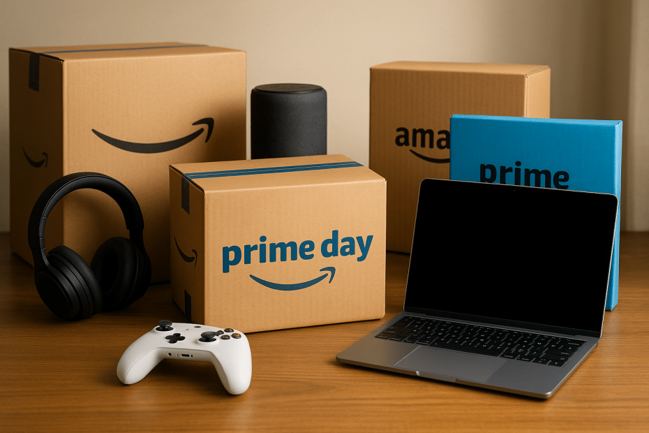 Amazon Prime Day scene with stacked boxes, a laptop, headset, and game controller on a wooden desk