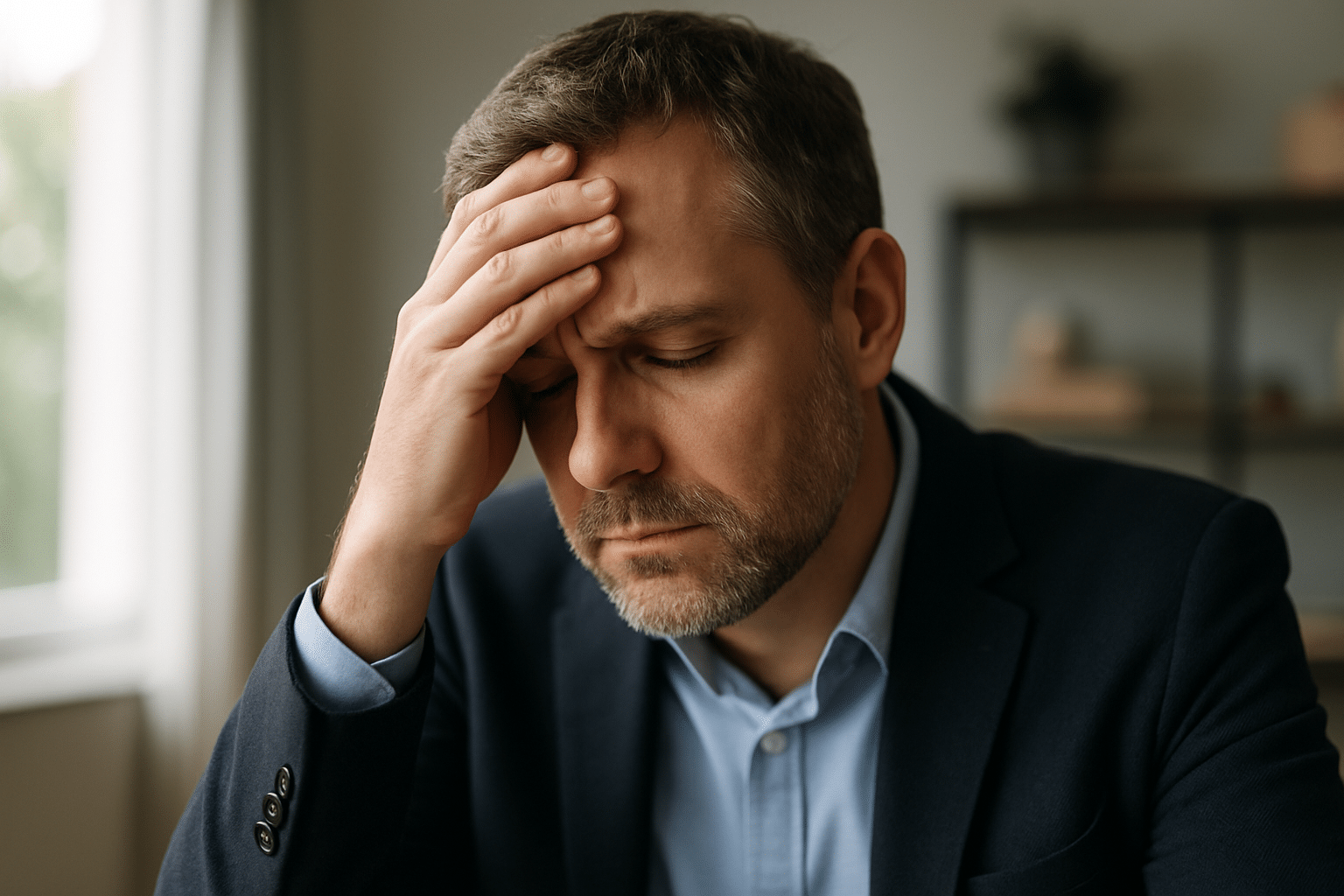 Man in a dark blazer and light blue shirt sits indoors, head in hand, looking stressed or worried.