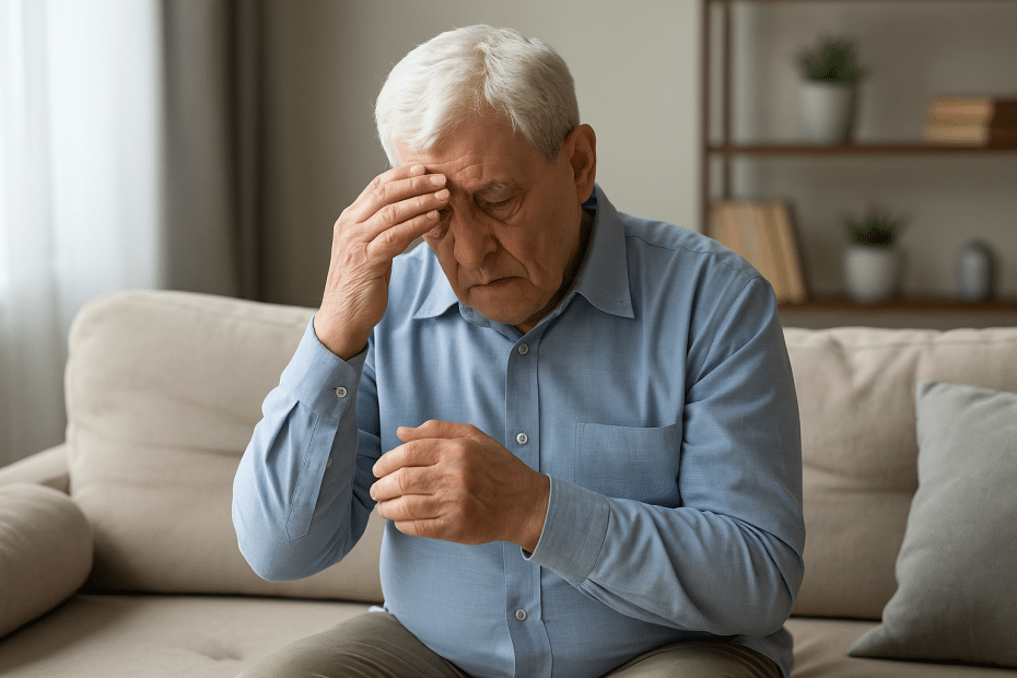 Older man in a blue shirt sits on a beige sofa, one hand to his forehead, looking worried or tired.