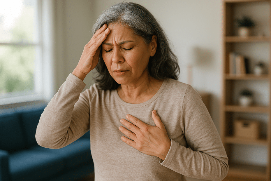 Older woman with gray hair pressing her temple with one hand and resting her other hand on her chest, looking worried indoors.