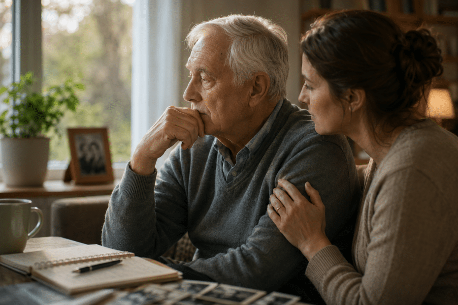 An elderly man sits at a table with his hand over his mouth, while a woman rests a hand on his shoulder in a cozy home setting.