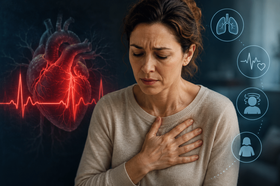 Woman clutches her chest in pain as a red heart and ECG line appear to the left, with medical icons along the right side.