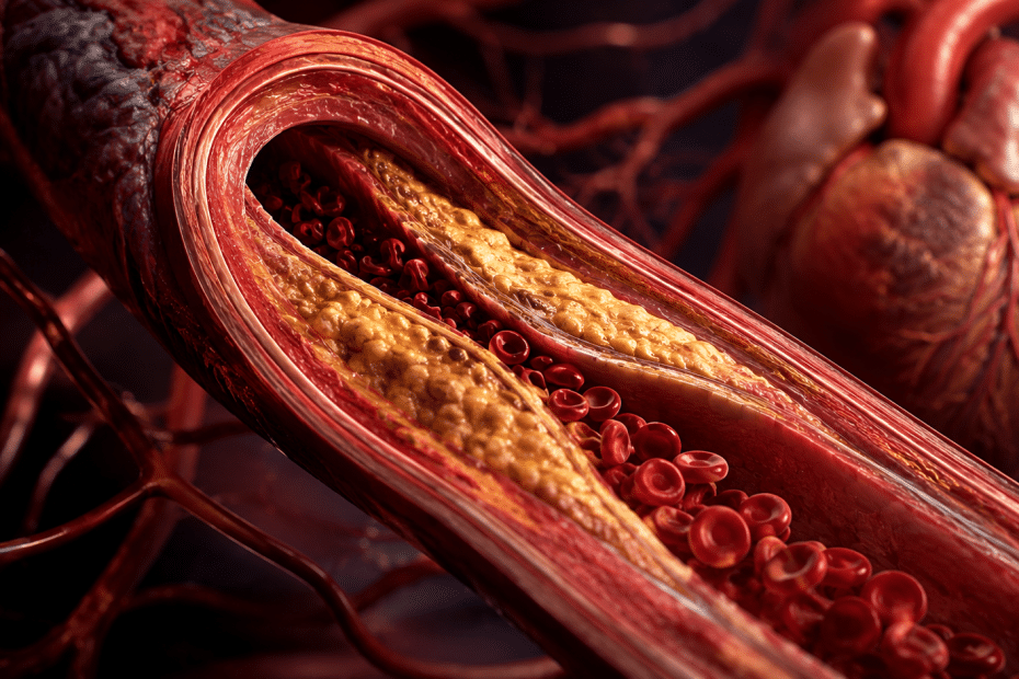 Close-up of an artery with fatty atherosclerotic plaque buildup narrowing the lumen.