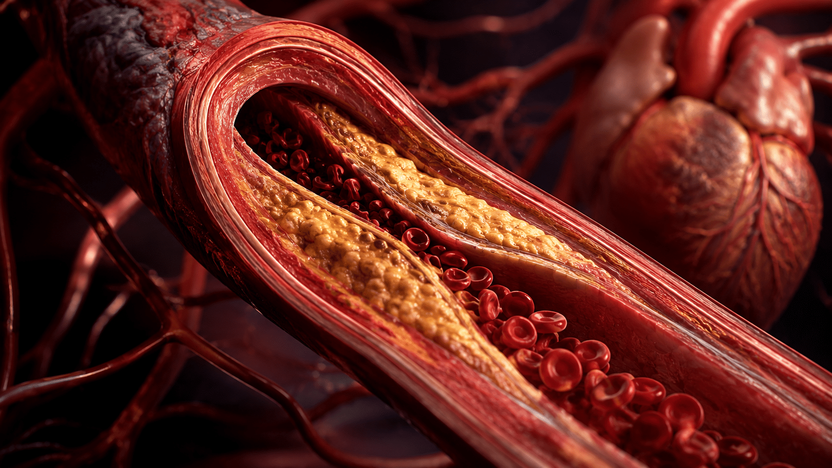 Close-up of an artery with fatty atherosclerotic plaque buildup narrowing the lumen.