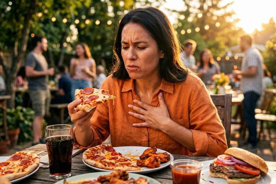 Woman in an orange shirt at a sunset outdoor backyard party, taking a bite of pepperoni pizza as friends mingle in the background.