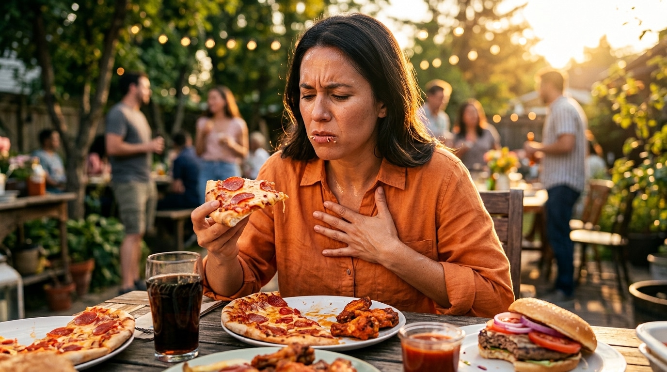 Woman in an orange shirt at a sunset outdoor backyard party, taking a bite of pepperoni pizza as friends mingle in the background.