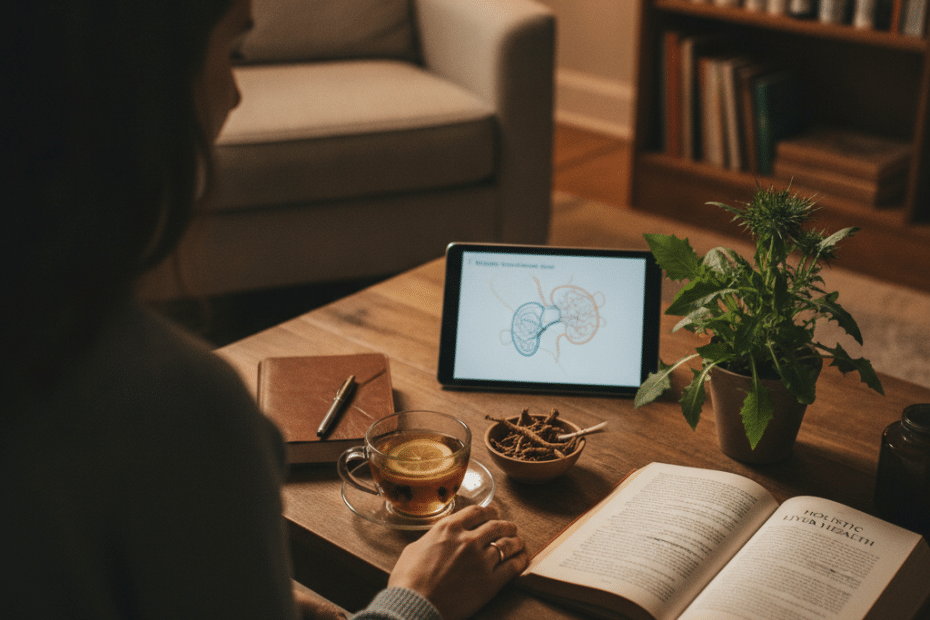 Person seated at a wooden table studying anatomy on a tablet, with a cup of tea, a bowl of nuts, an open book, and a plant nearby.