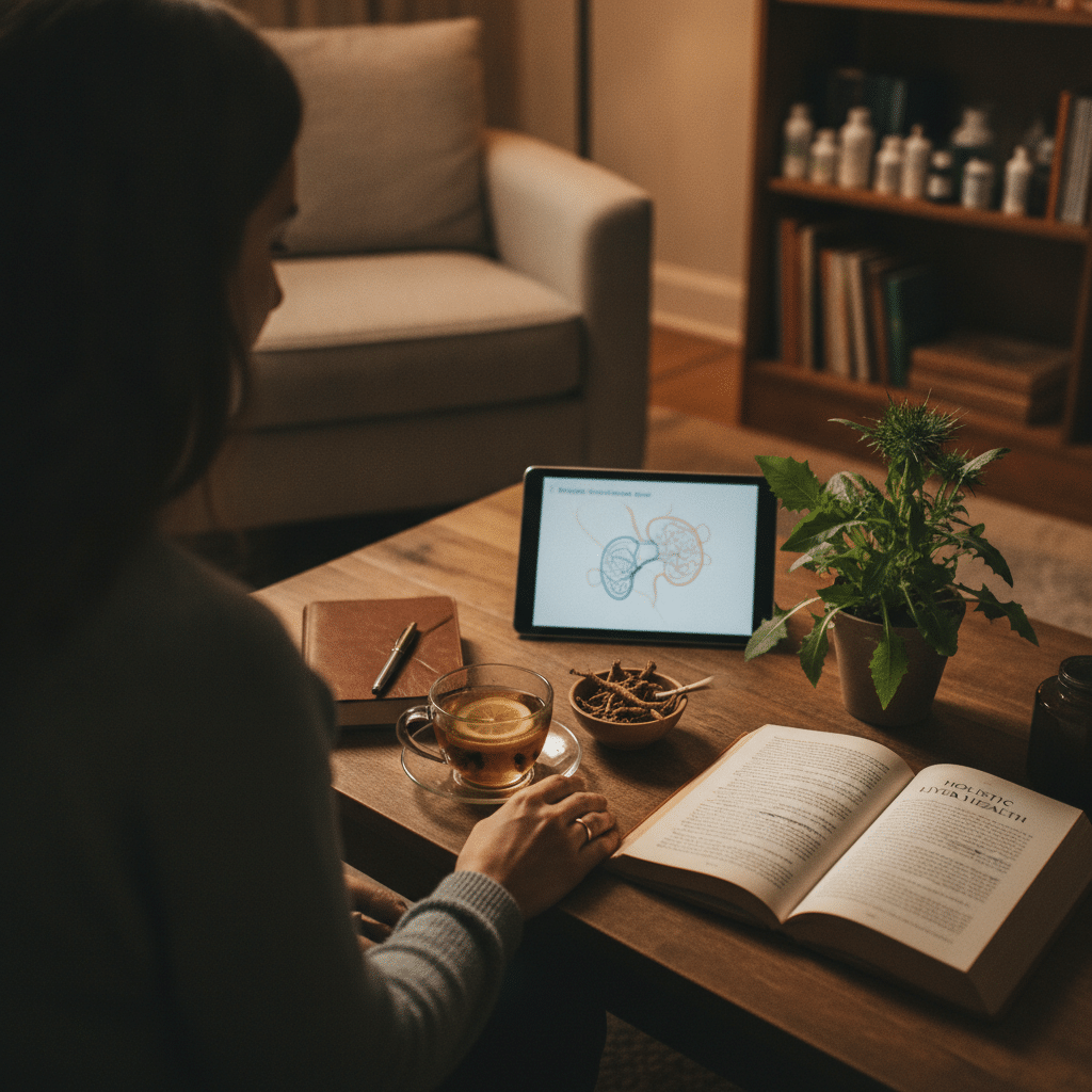 Person seated at a wooden table studying anatomy on a tablet, with a cup of tea, a bowl of nuts, an open book, and a plant nearby.