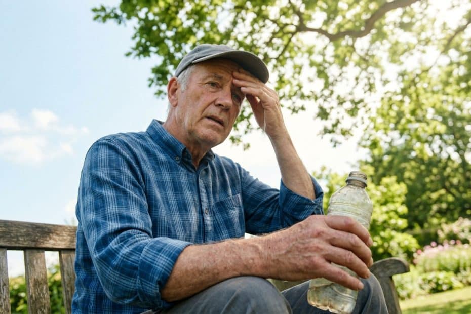 Senior man in a blue plaid shirt sits on a weathered bench outside, shading his eyes with one hand and holding a water bottle with the other.