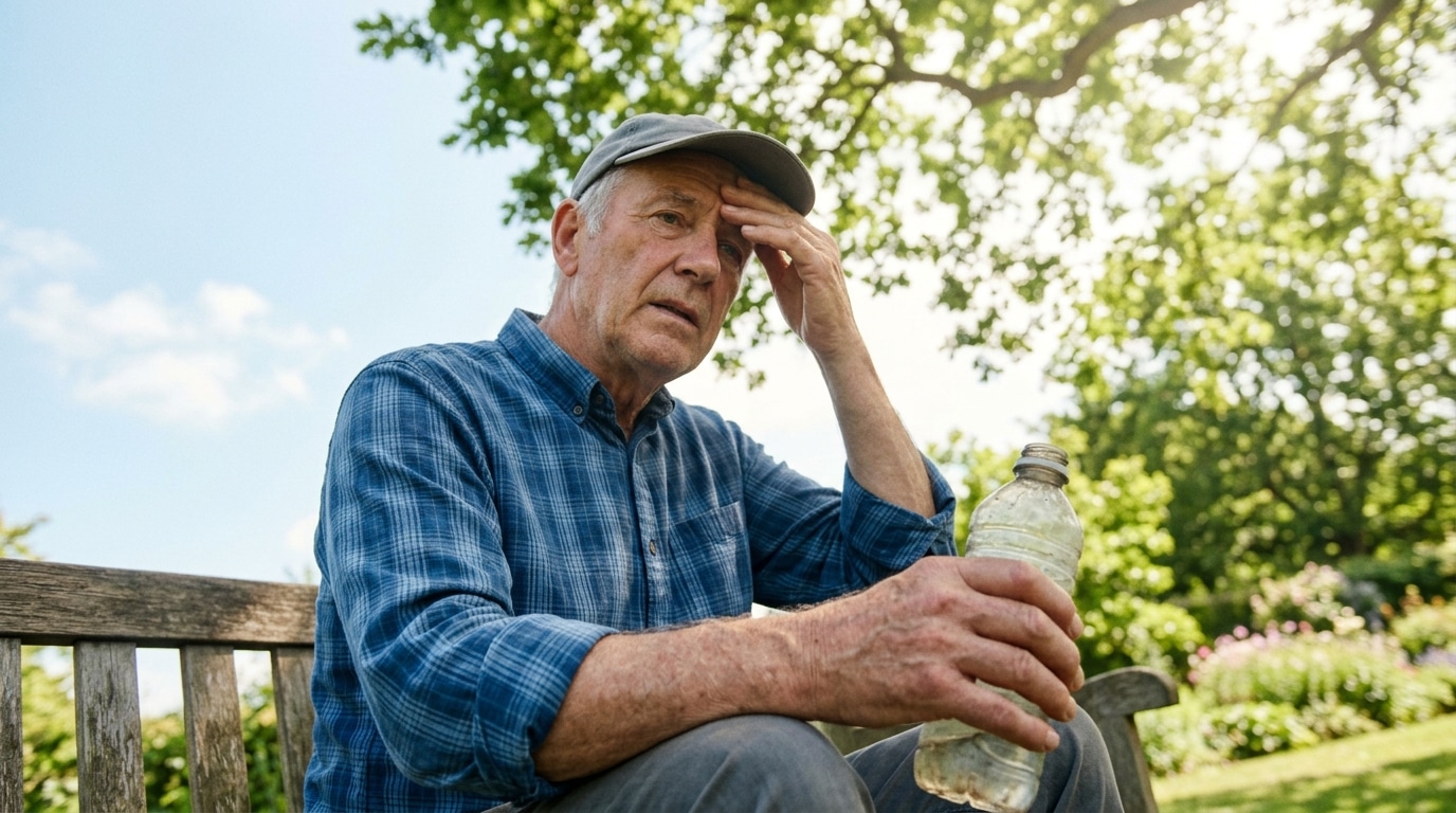 Senior man in a blue plaid shirt sits on a weathered bench outside, shading his eyes with one hand and holding a water bottle with the other.