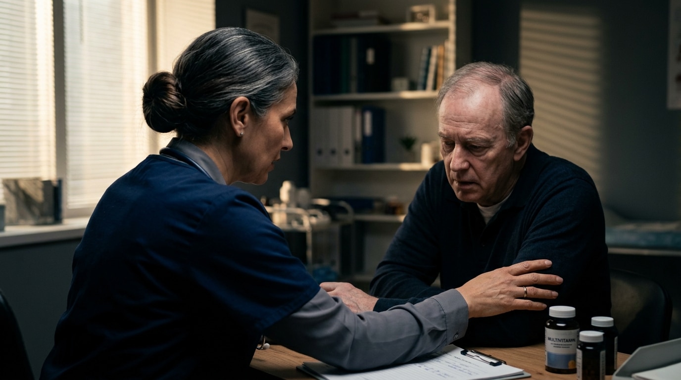 Healthcare professional comforting an elderly man during a clinic consultation, with pills and a clipboard on the table.