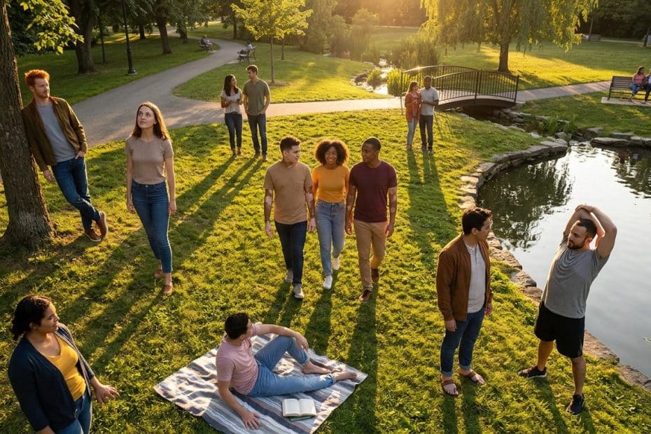 Diverse group of friends walking and chatting on a sunny park lawn beside a pond.