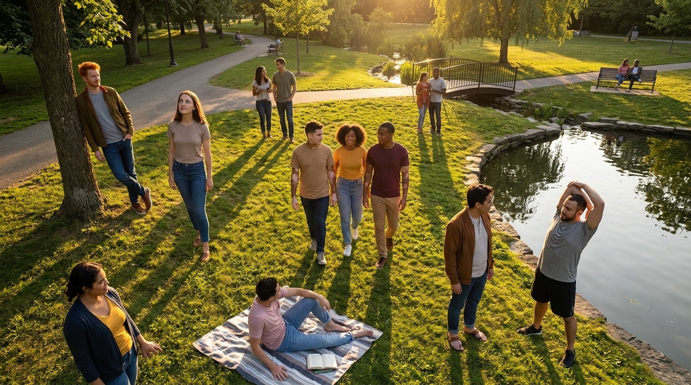 Diverse group of friends walking and chatting on a sunny park lawn beside a pond.