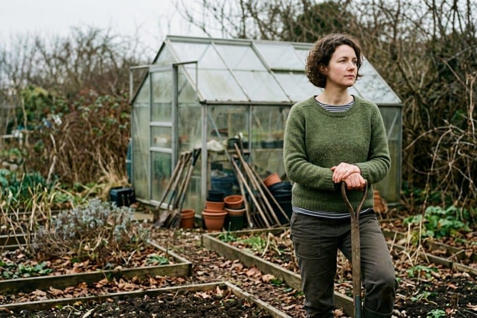 Woman standing in a garden, resting her hands on a shovel, with a glass greenhouse behind her and bare trees in the background.