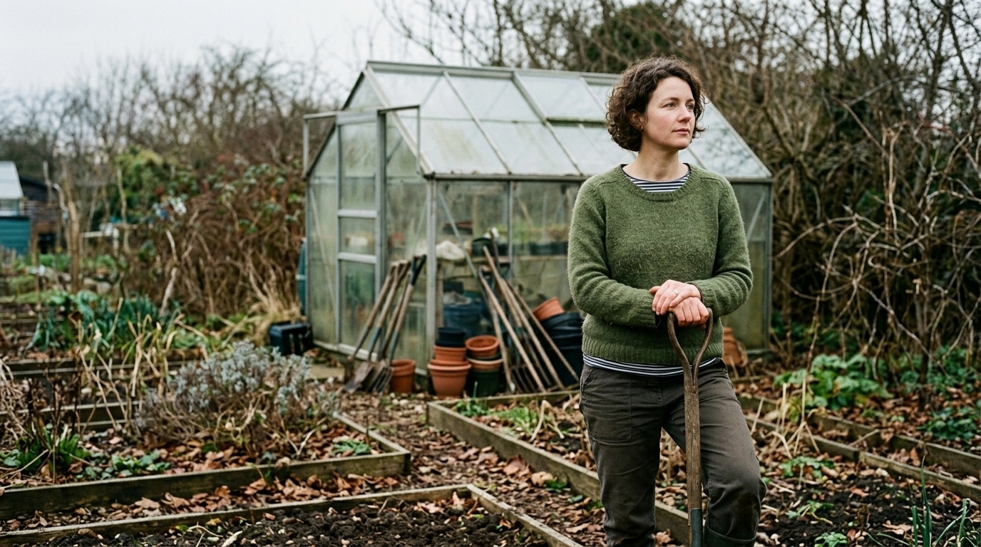 Woman standing in a garden, resting her hands on a shovel, with a glass greenhouse behind her and bare trees in the background.