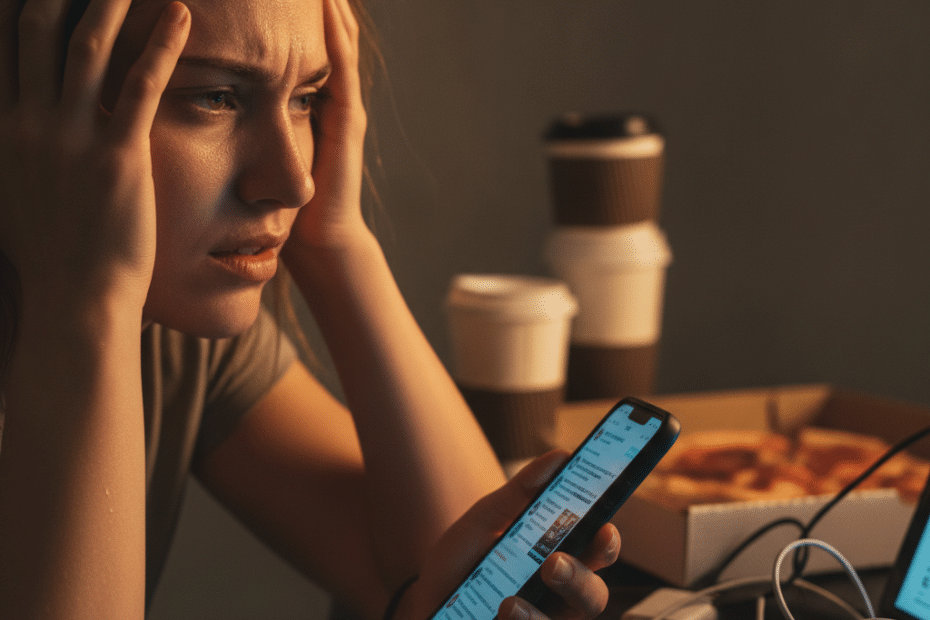 Woman sits at a desk, hands on her head, looking worried while scrolling on her phone with a pizza box and coffee cups nearby.