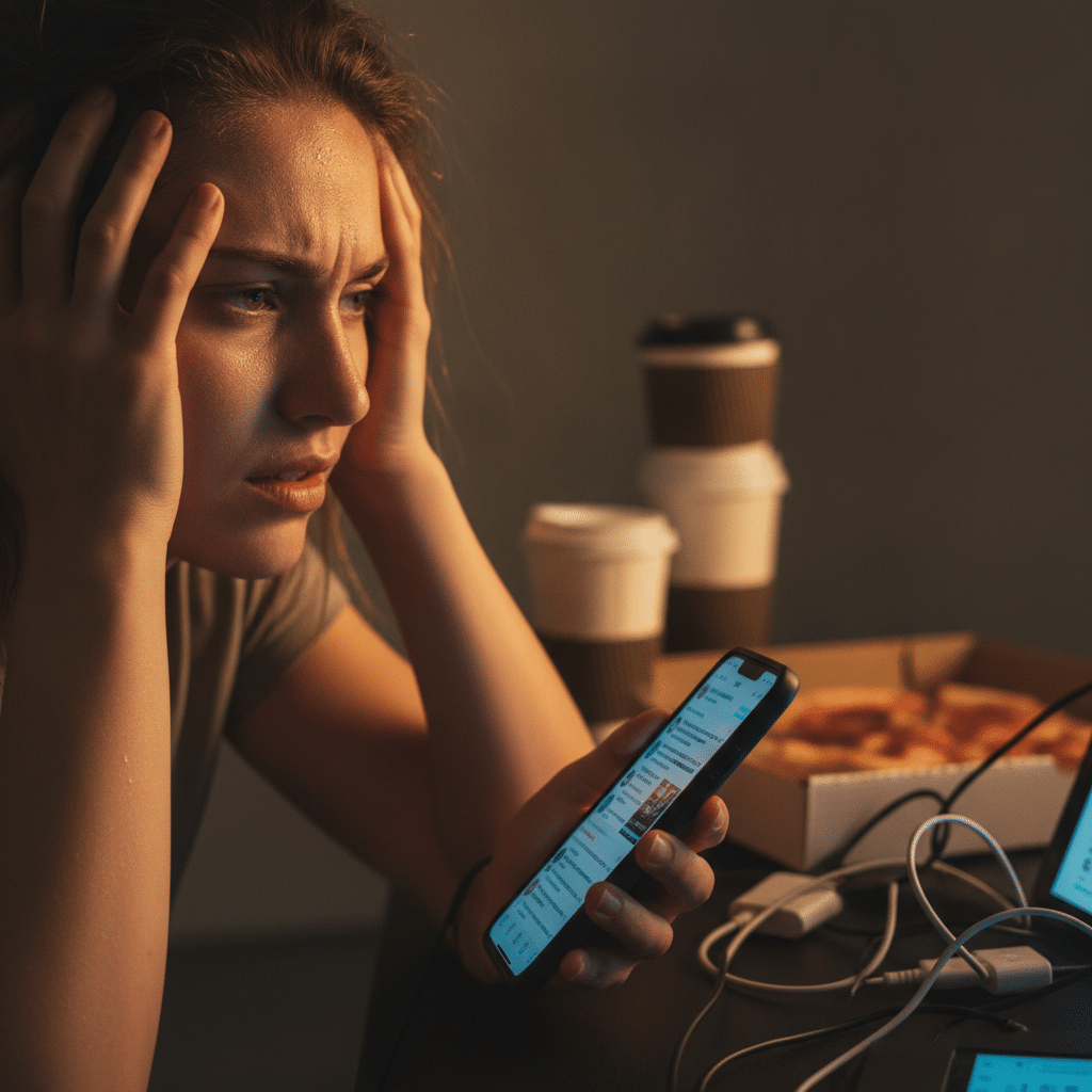 Woman sits at a desk, hands on her head, looking worried while scrolling on her phone with a pizza box and coffee cups nearby.