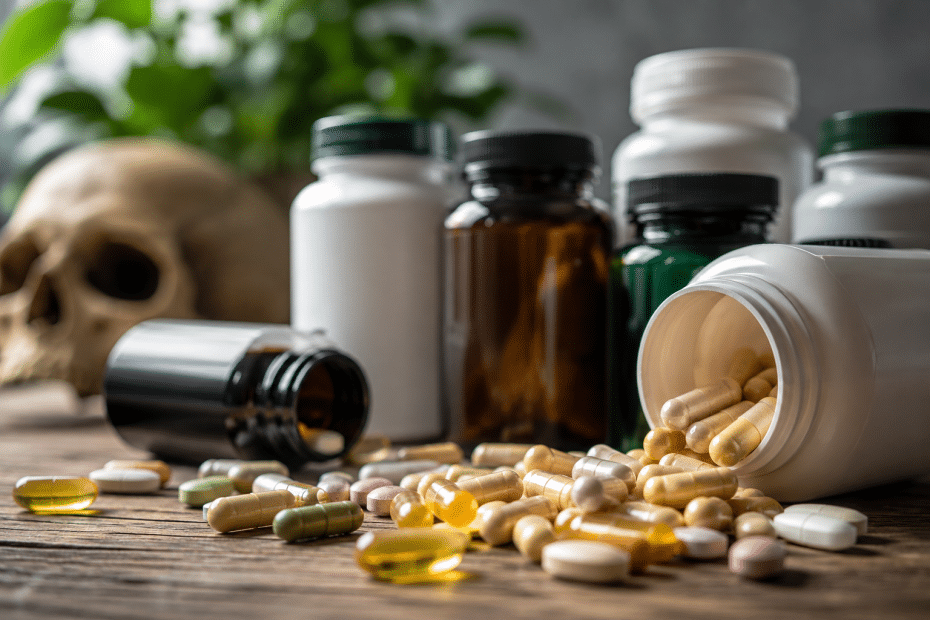 Assorted pills and capsules spill from a white bottle onto a wooden surface, with several medicine bottles in the blurred background and a skull prop nearby.