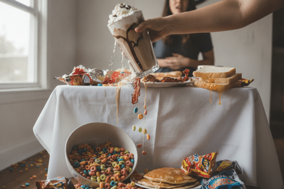Messy breakfast scene: cereal spills from a tilted glass onto a table with pancakes and toast while a person watches in the background.