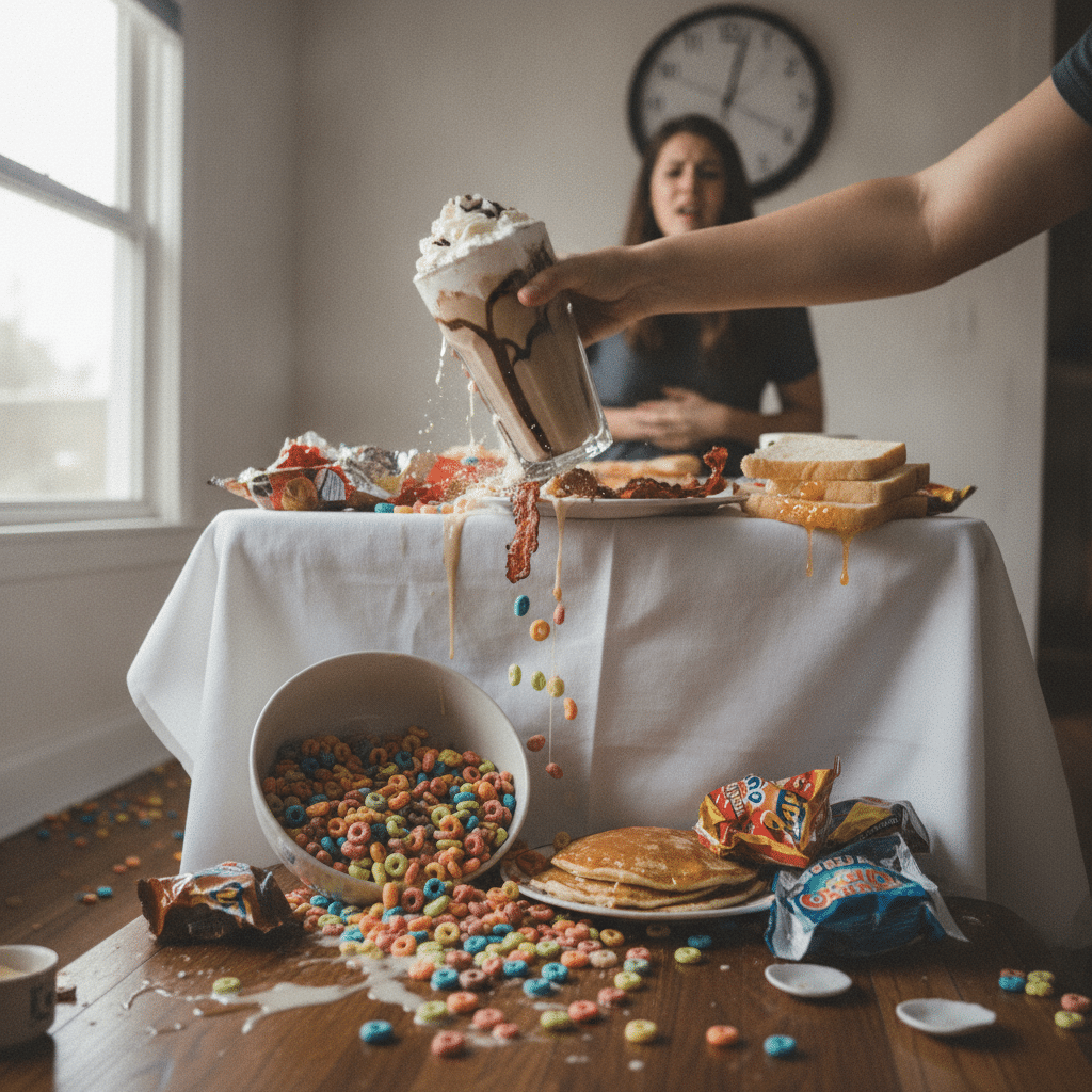 Messy breakfast scene: cereal spills from a tilted glass onto a table with pancakes and toast while a person watches in the background.