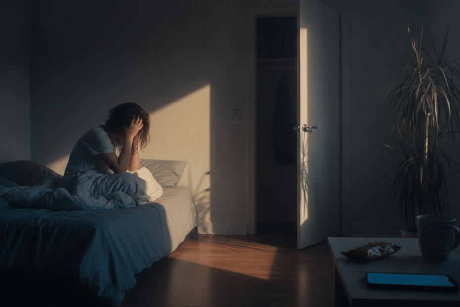 Person sits on a bed in a dim room, head in hands, sunlight casting a triangle on the wall near an open door and a tall plant nearby.