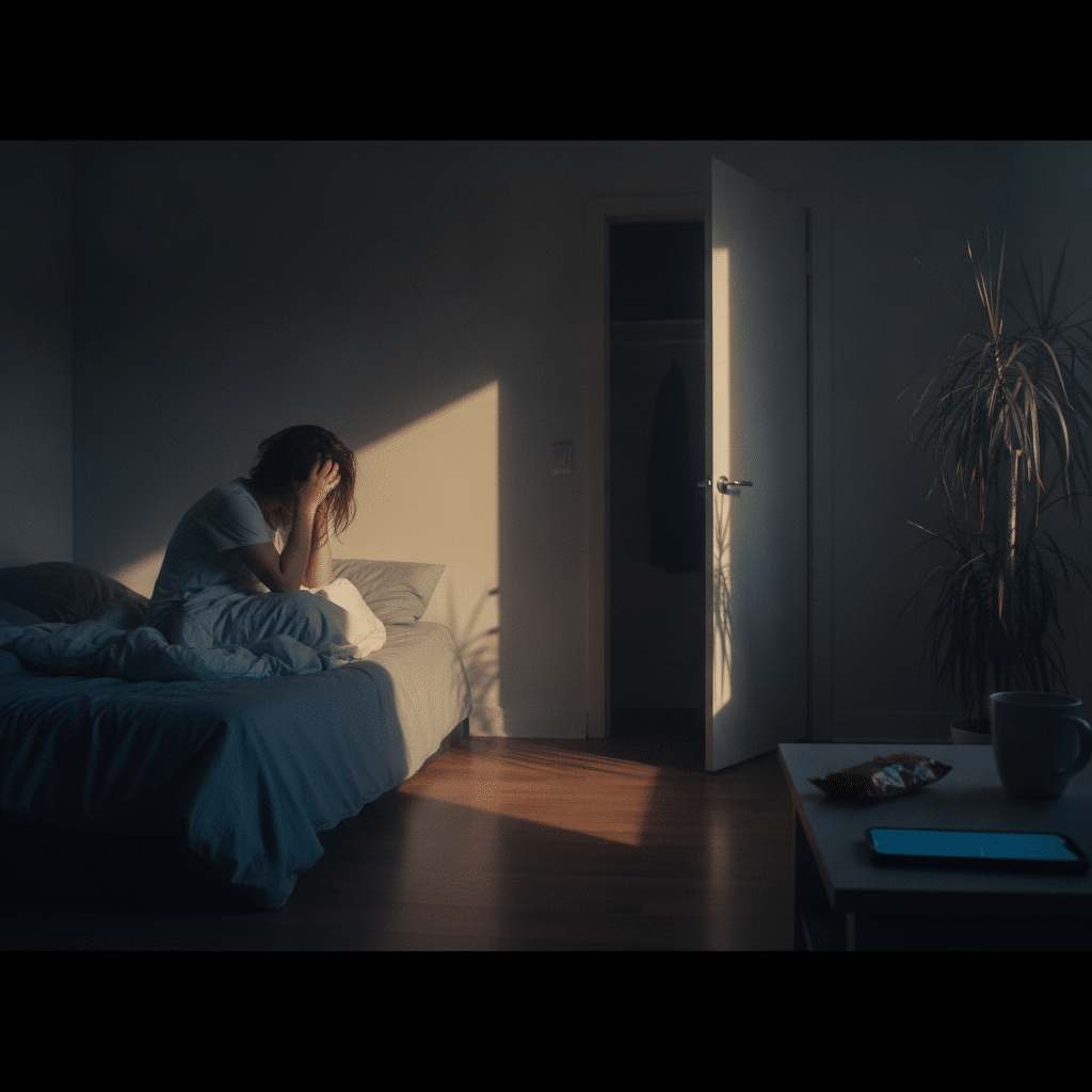 Person sits on a bed in a dim room, head in hands, sunlight casting a triangle on the wall near an open door and a tall plant nearby.