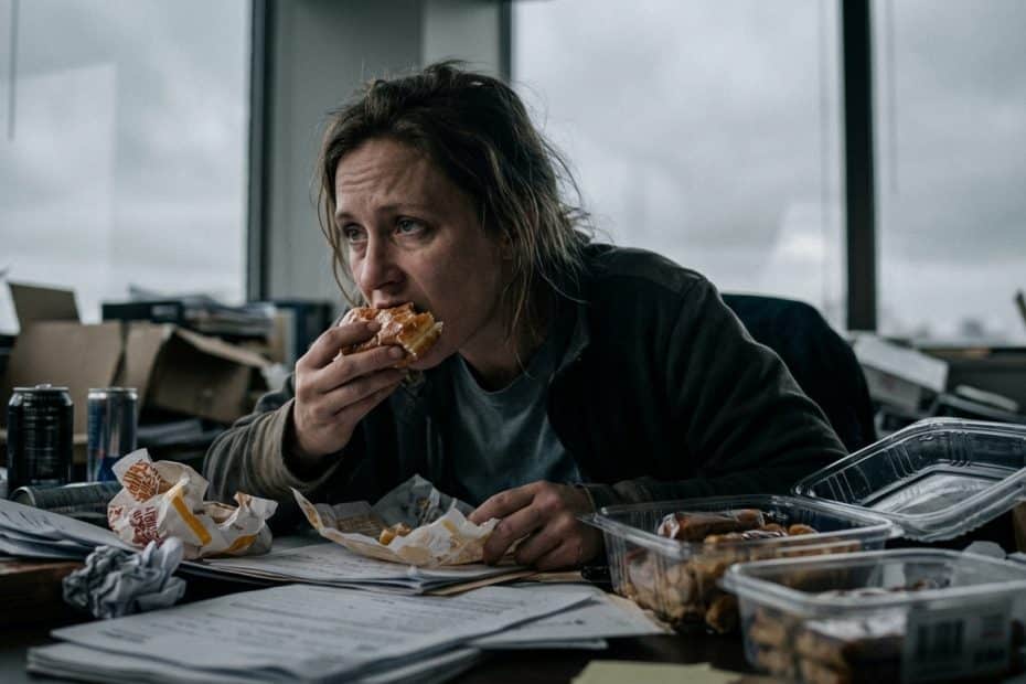 Woman in a cluttered office eating a chicken sandwich amid takeout wrappers and papers on a messy desk