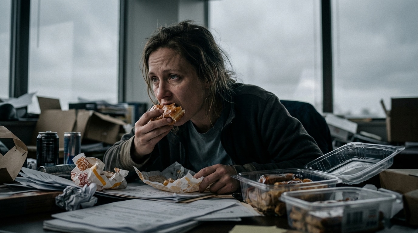 Woman in a cluttered office eating a chicken sandwich amid takeout wrappers and papers on a messy desk