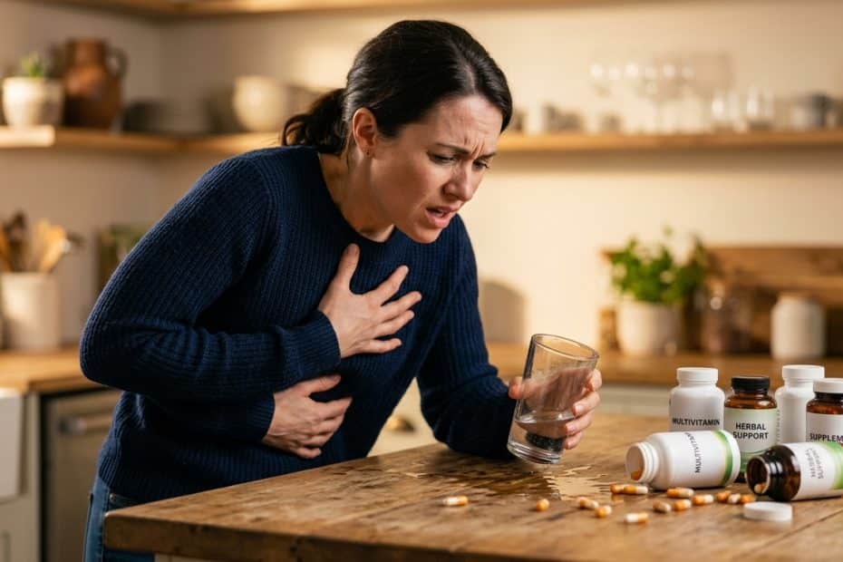Woman in a kitchen clutching her chest with one hand, a glass in the other, and pills spilled on the wooden counter nearby.