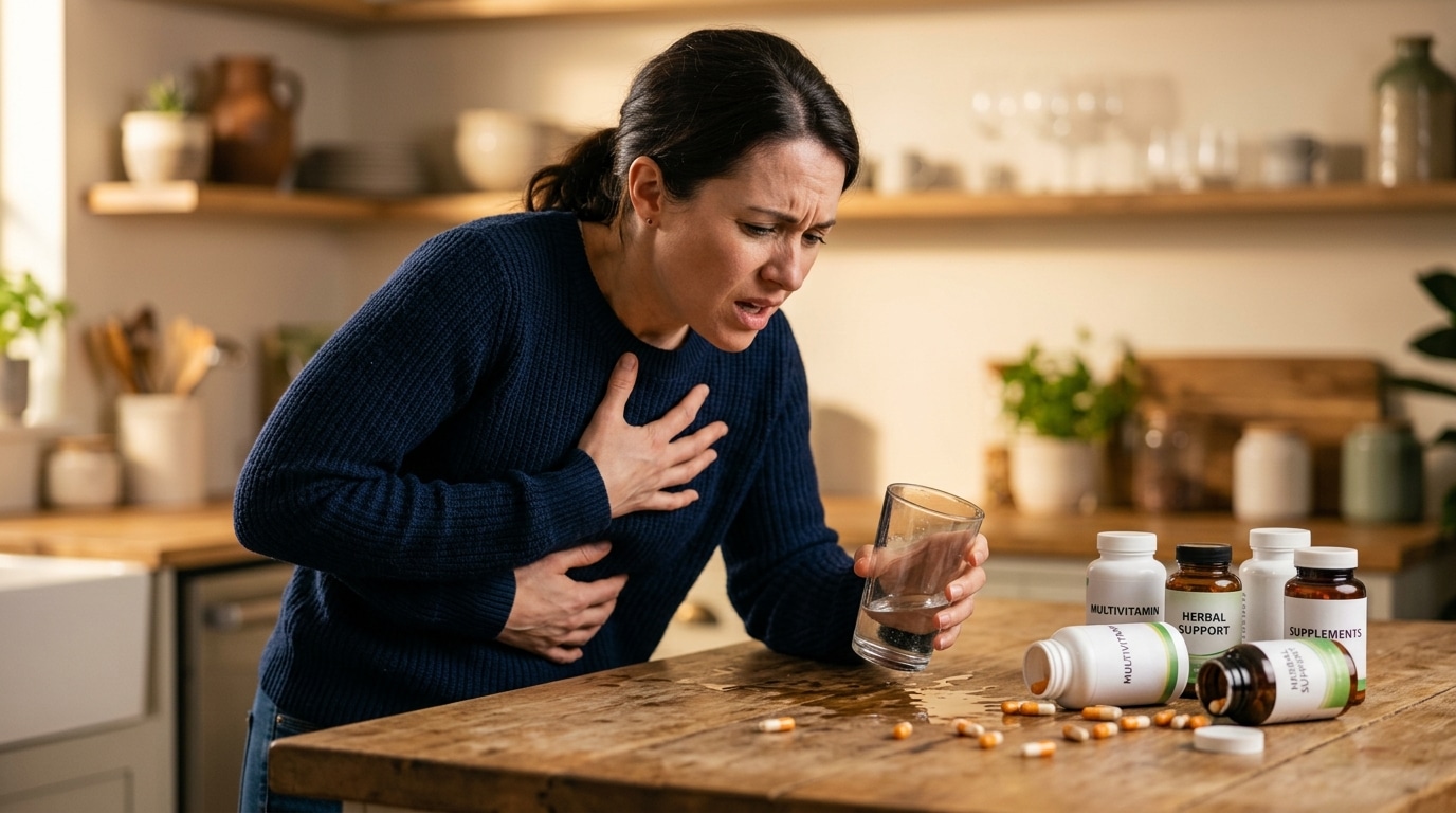 Woman in a kitchen clutching her chest with one hand, a glass in the other, and pills spilled on the wooden counter nearby.
