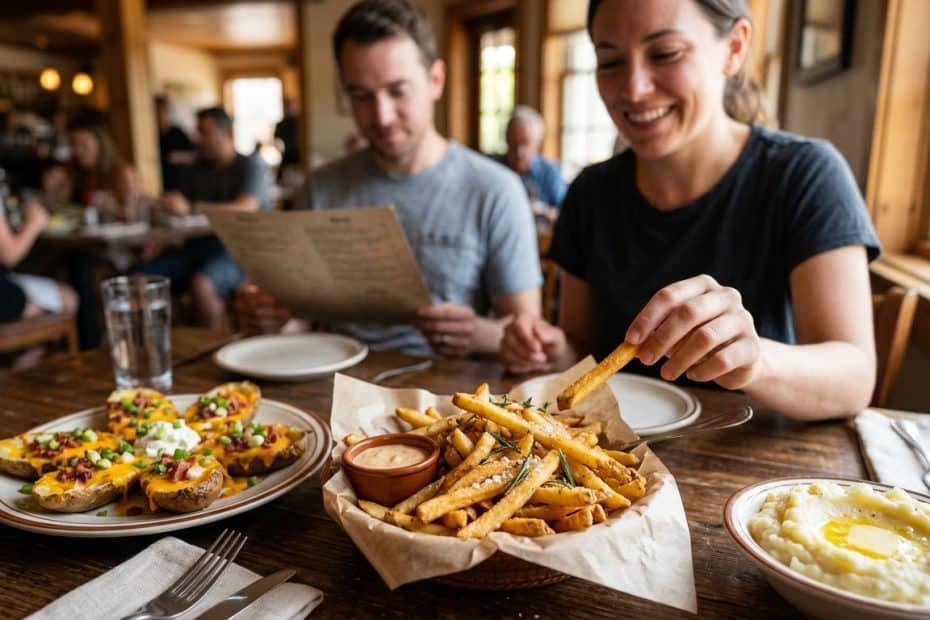 Two friends sit at a rustic restaurant table, smiling as they look at a menu, with a plate of loaded crostini, a basket of fries with dipping sauce, and a side of mashed potatoes nearby on the table in front of them.