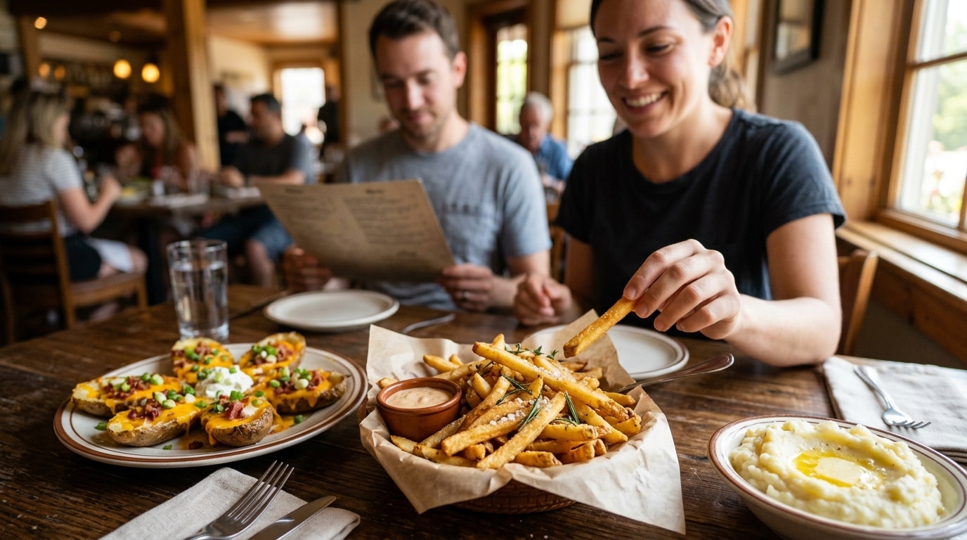 Two friends sit at a rustic restaurant table, smiling as they look at a menu, with a plate of loaded crostini, a basket of fries with dipping sauce, and a side of mashed potatoes nearby on the table in front of them.